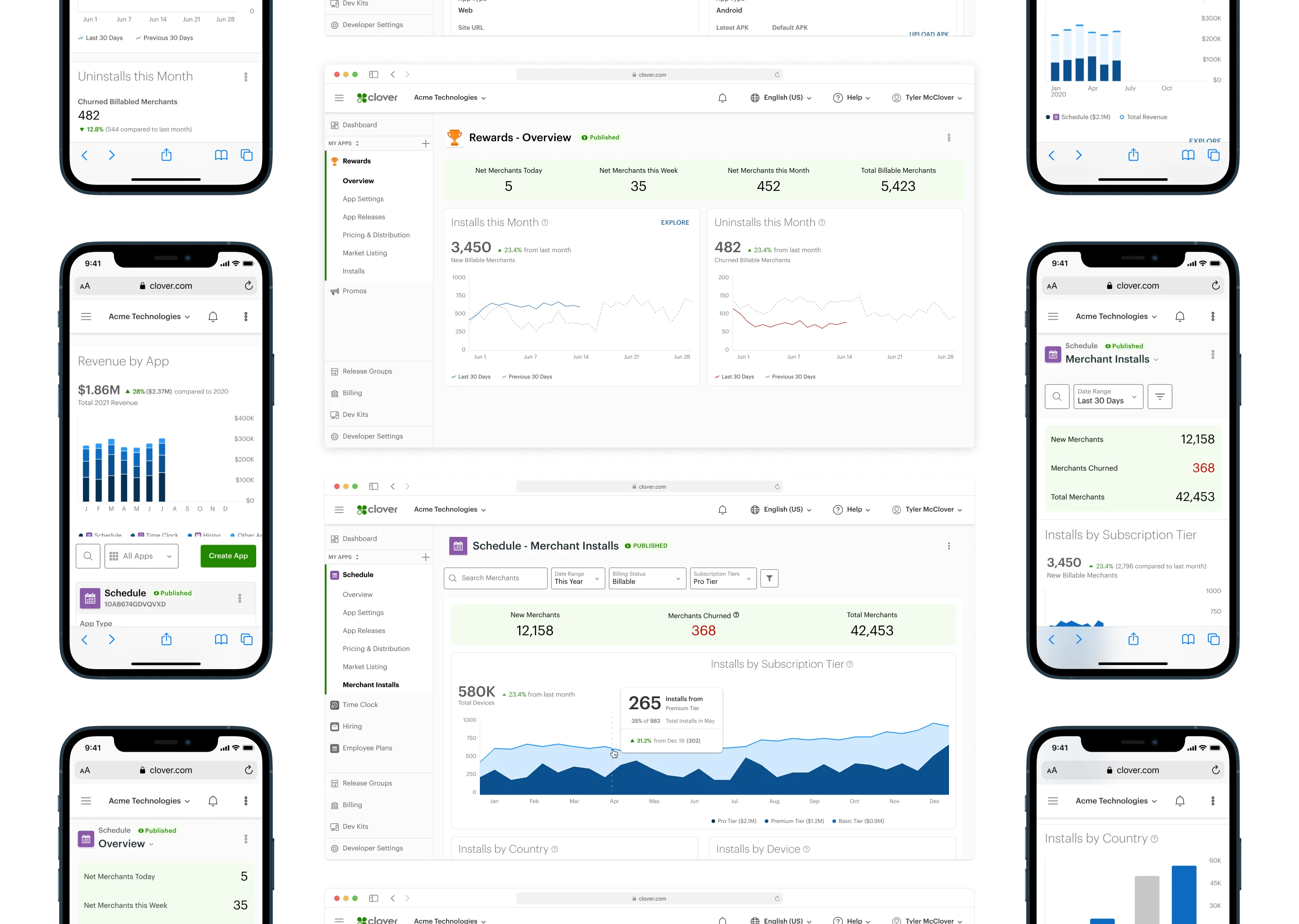 Grid of iPhones and Browsers showing screens from Developer App Metrics project