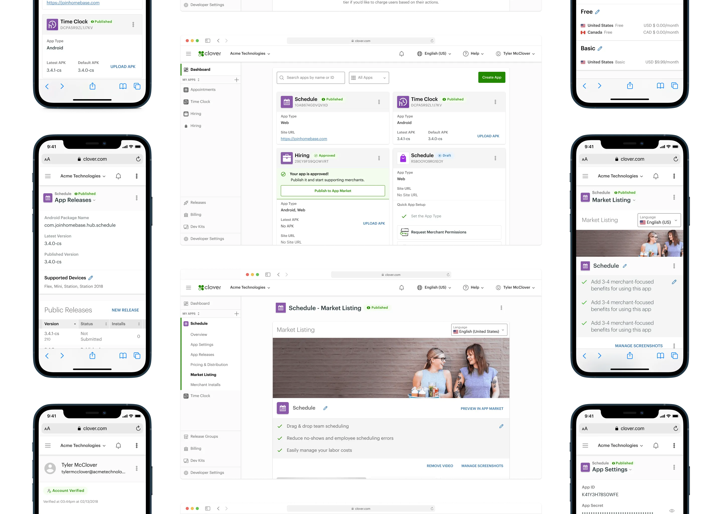 Grid of browsers and iPhones with Developer Dashboard redesign screens displayed