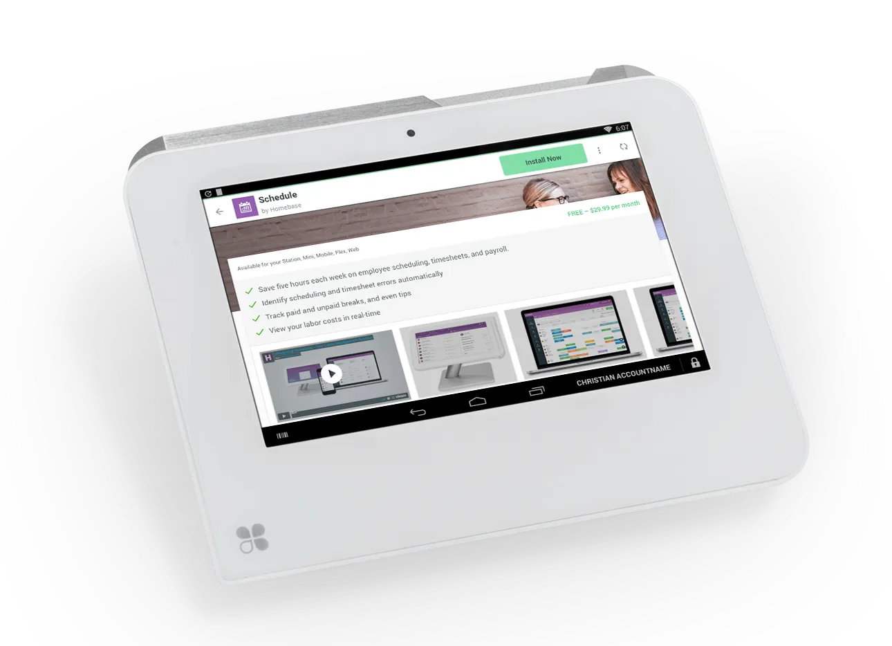 Clover Mini with App Market Detail page for Homebase app